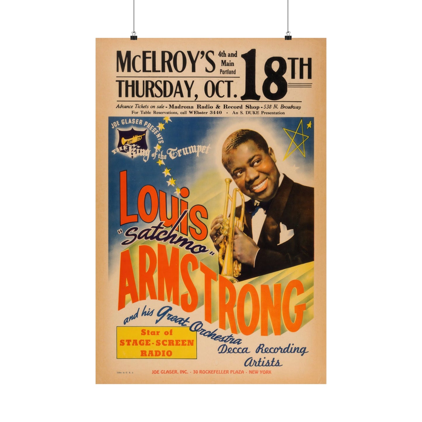 Louis Armstrong McElroy's Concert Poster (Joe Glaser Presents, 1945). Extremely Rare!