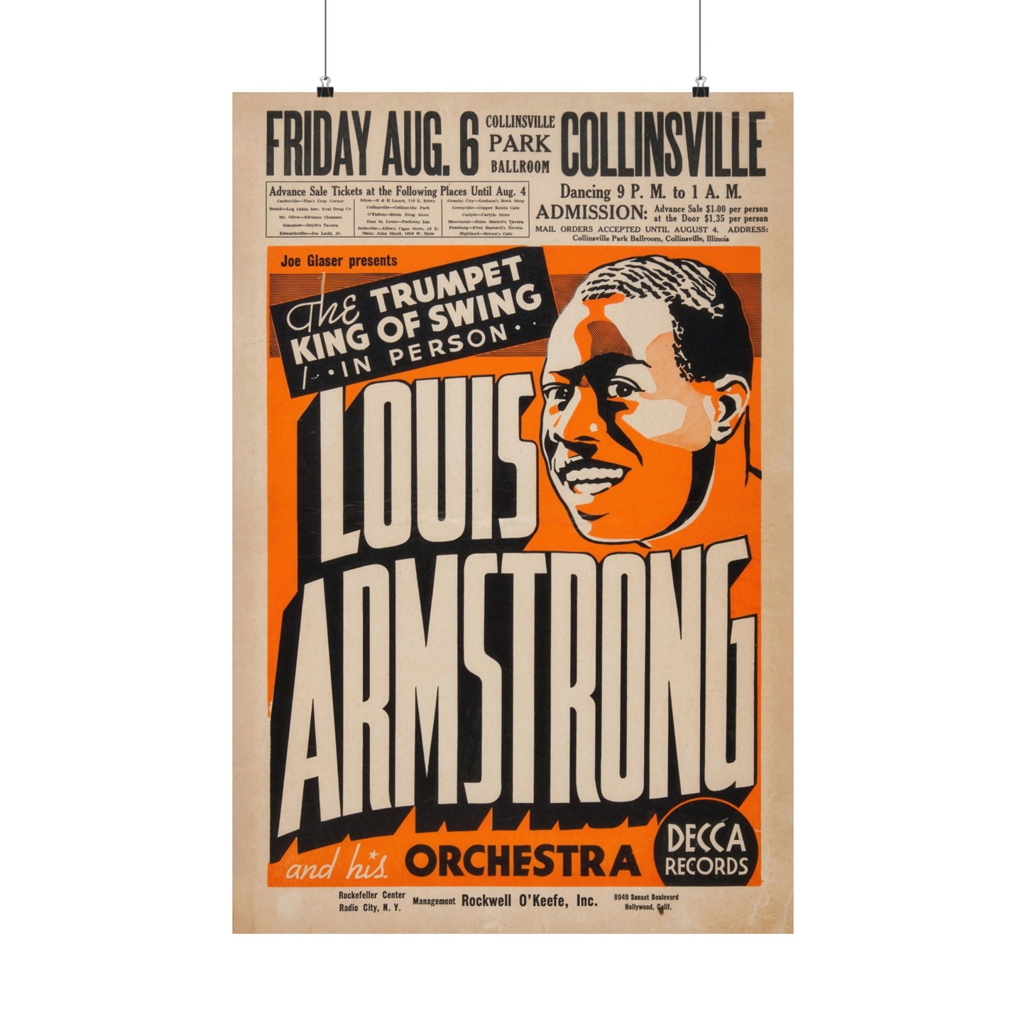 Louis Armstrong Concert Poster (Joe Glaser Presents,1937), Rare!