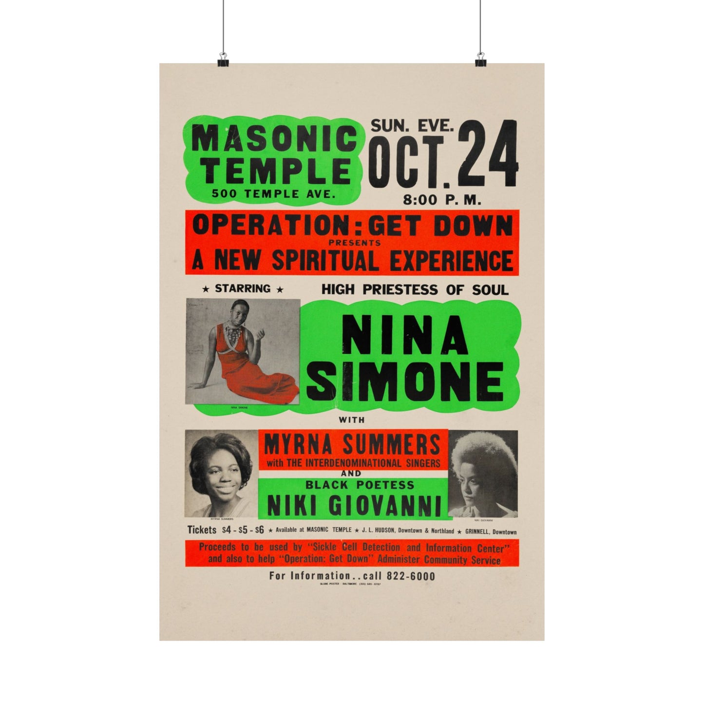 Nina Simone 1971 Detroit, Michigan Jumbo Concert Poster, Rare!